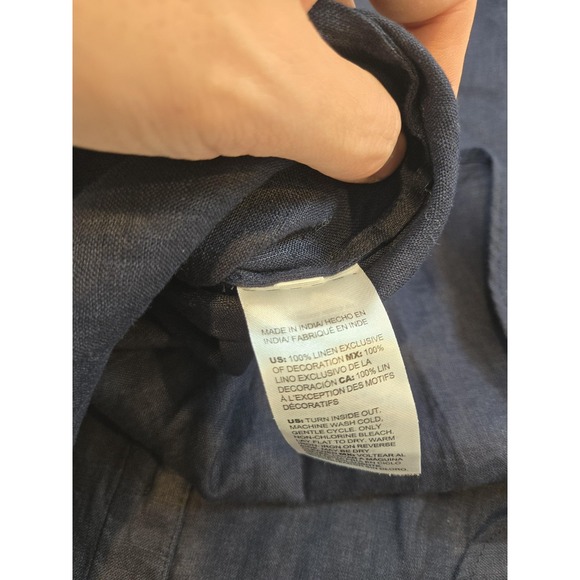 Chicos Linen Blouse Womens Size 2 12 Classic Navy Embroidered Ruffle Sleeve - Picture 8 of 13